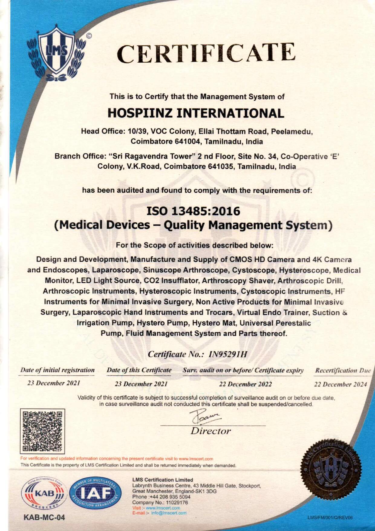 ISO 13485:2016 Certificate